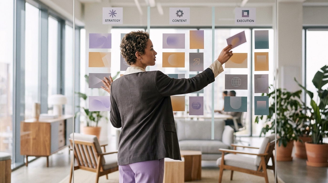 A marketing strategist organizing content cards into strategy, content, and execution columns on a glass planning wall