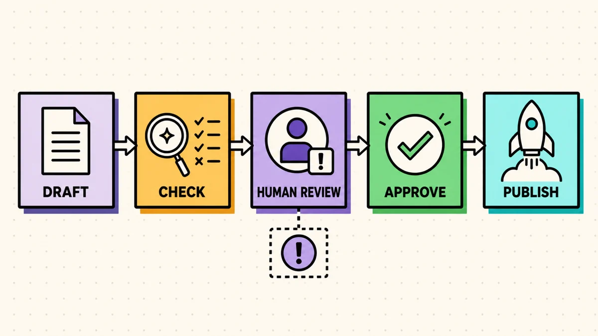 AI content workflow from draft through checks, human review, approval, and publishing