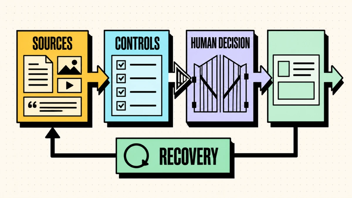 Layered AI content governance system for sources, controls, human decisions, and recovery