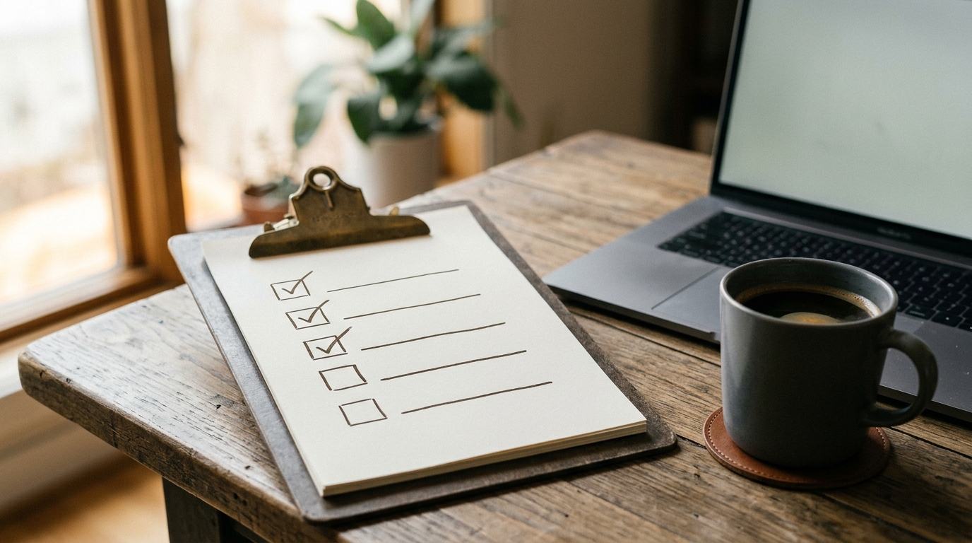 A checklist on a clipboard next to a laptop