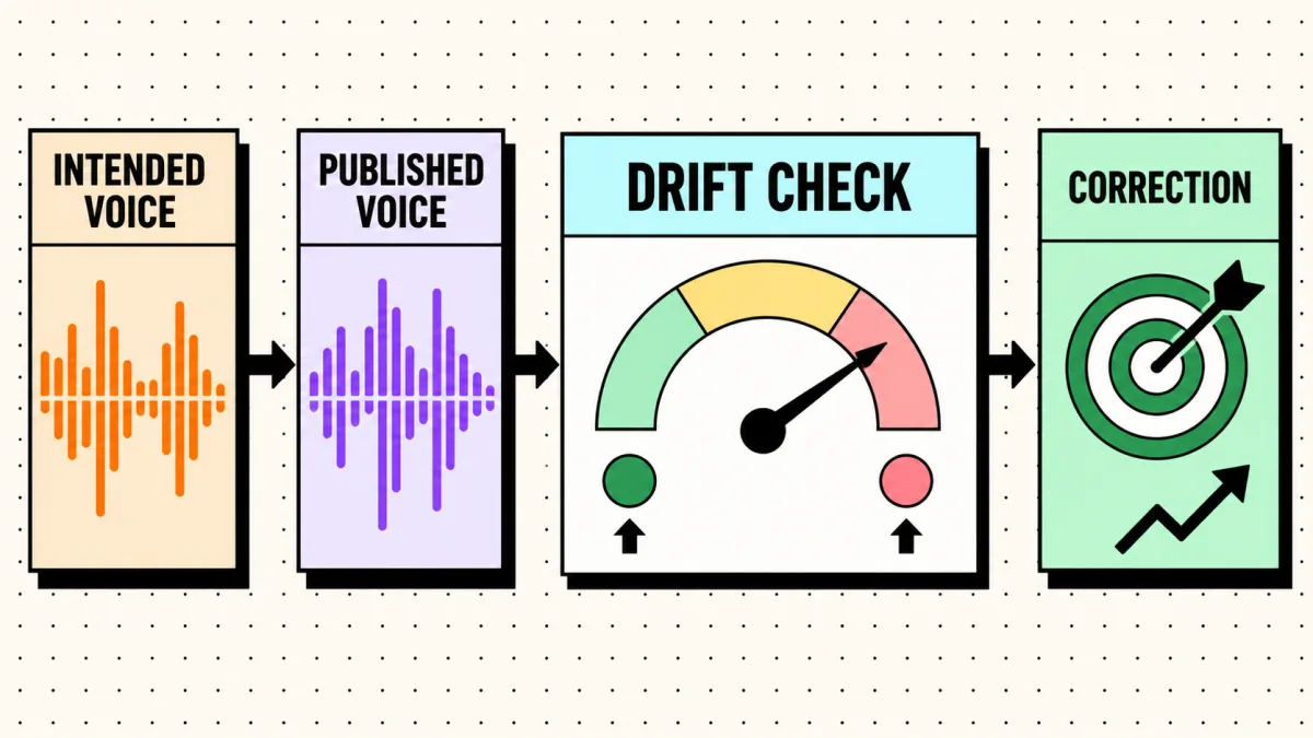 Brand voice drift scorecard comparing intended and published voice with a correction loop