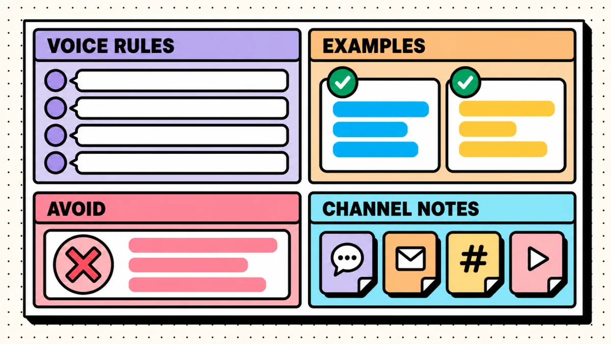 Brand voice style guide template with rules, examples, avoid list, and channel notes