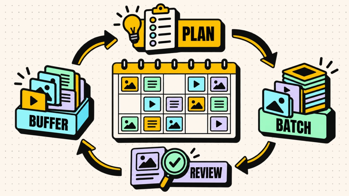 Content calendar operating rhythm from planning through batching, review, and buffer