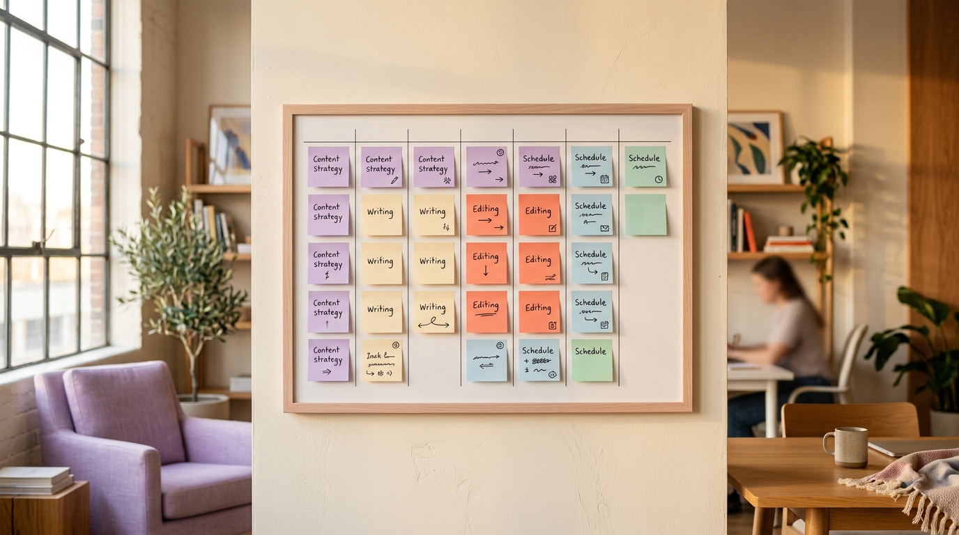 A wall planner covered in color-coded sticky notes