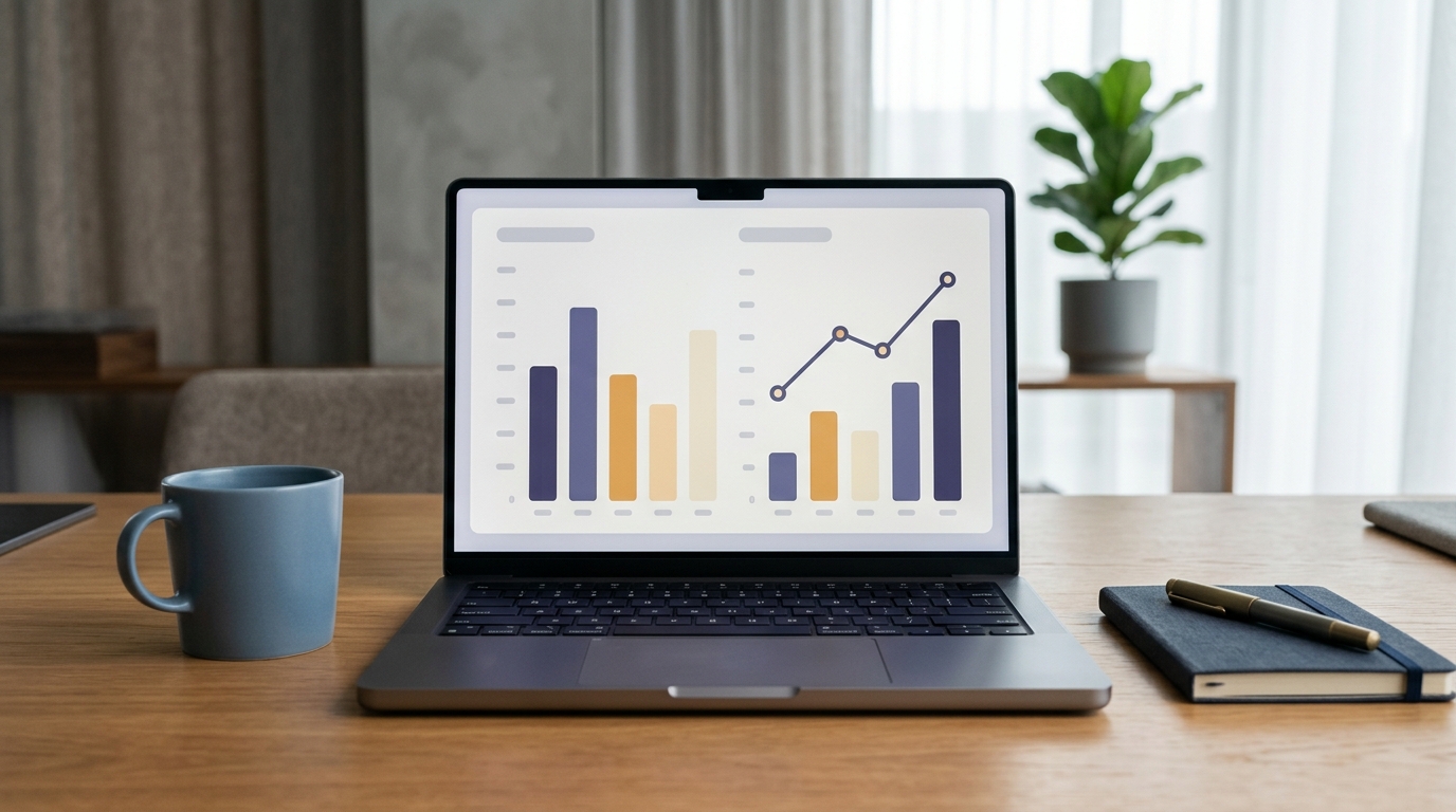 A laptop showing a simple analytics dashboard on a desk