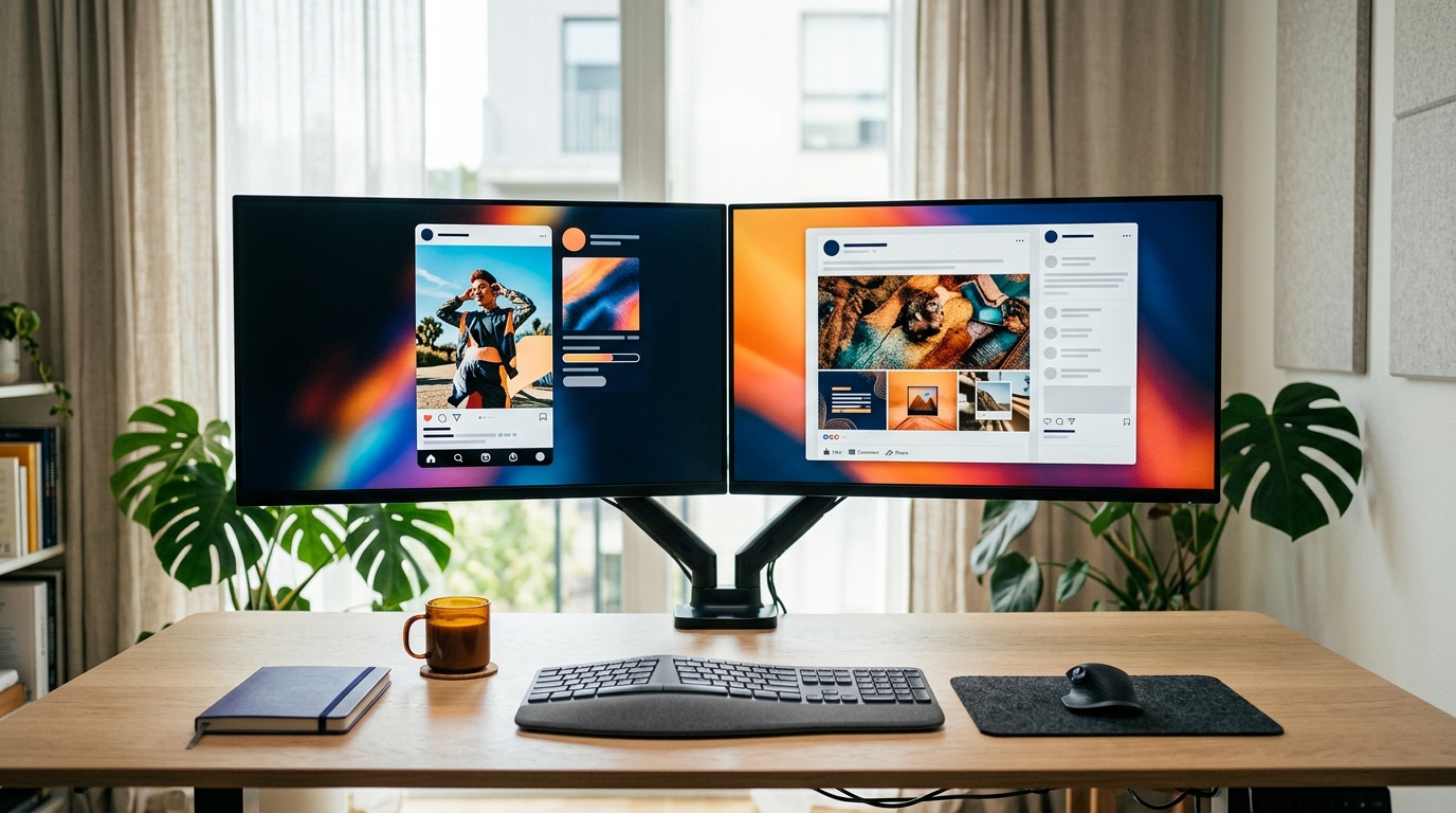 A dual-monitor workstation showing social media post previews adapted for different platforms