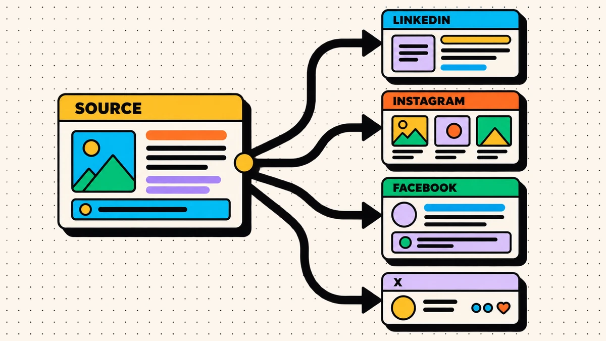 One source message branching into LinkedIn, Instagram, Facebook, and X variants