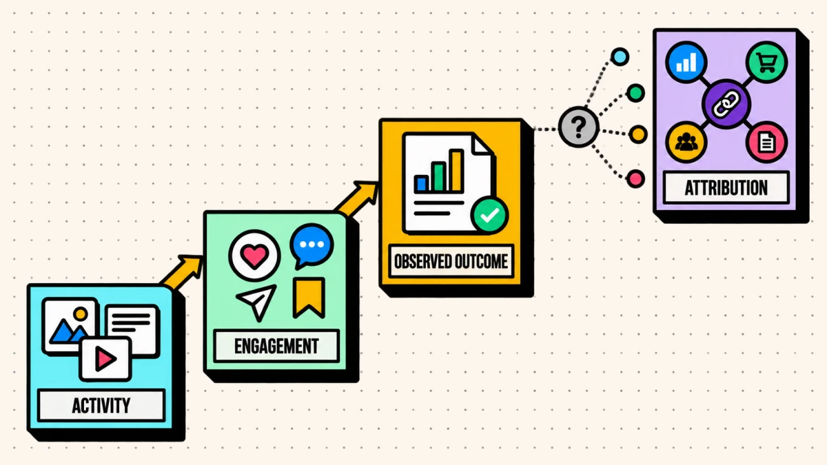 Evidence ladder from social activity and engagement to observed outcomes and attribution