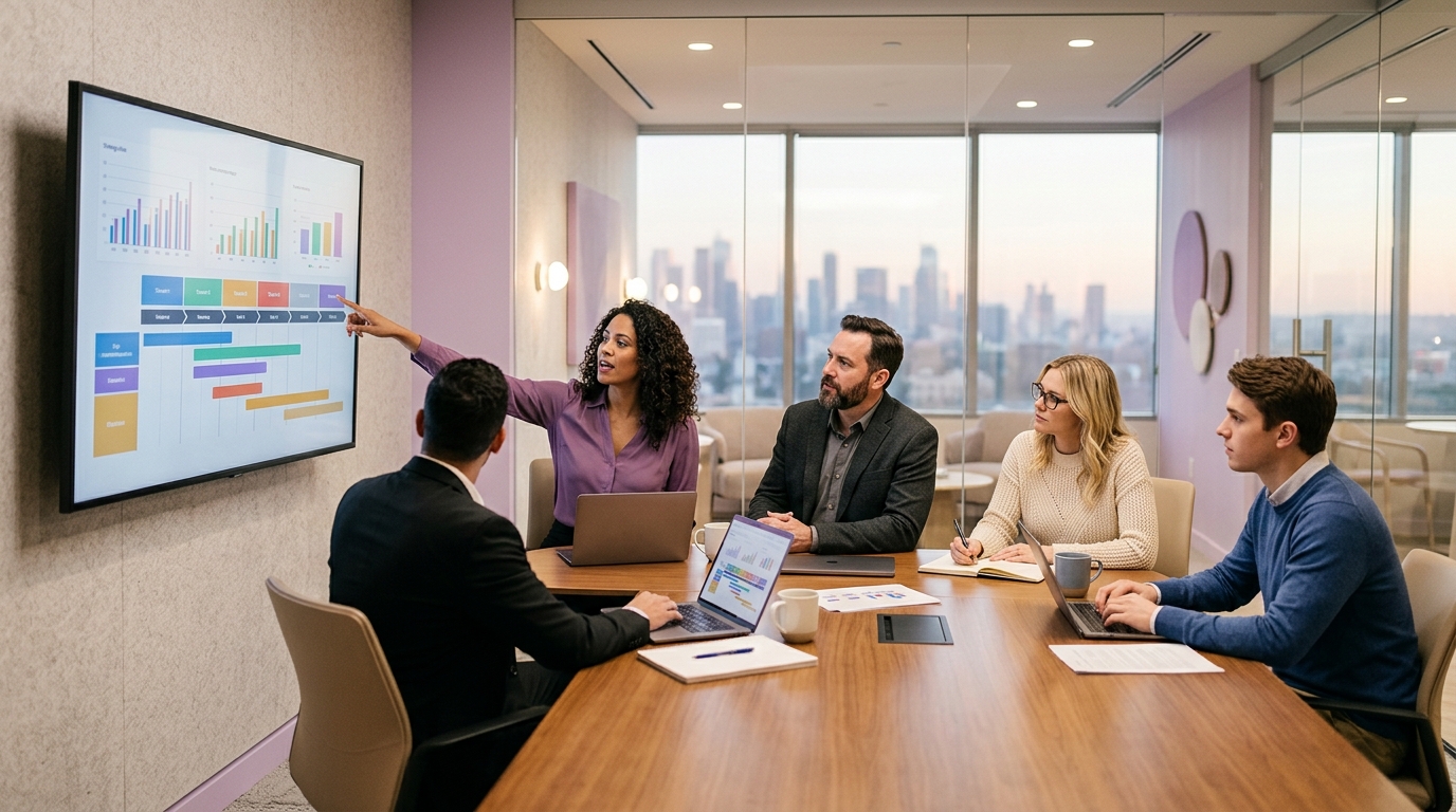 A corporate marketing team reviewing a multi-channel social strategy on a large screen