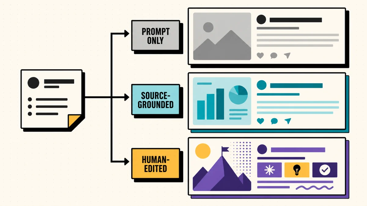 Comparison of prompt-only, source-grounded, and human-edited social content