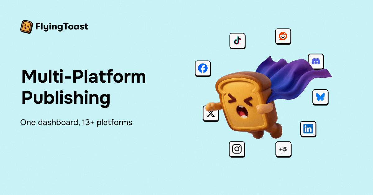 FlyingToast multi-platform publishing preview with social channel cards